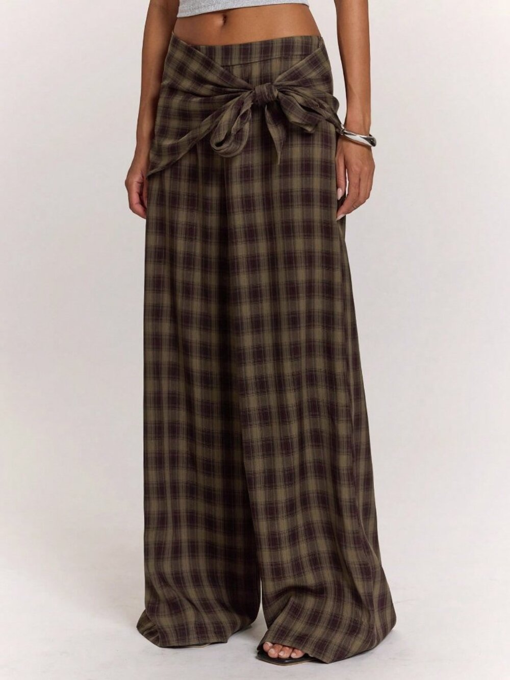 Brown Casual Women's Plaid Twist Wide Leg Pants